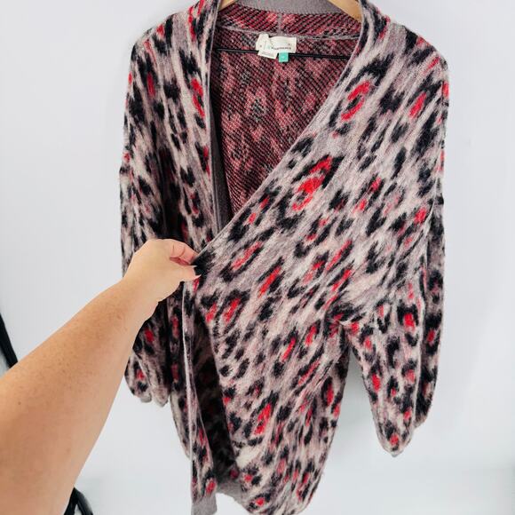 ANTHROPOLOGIE Zoey Leopard Print Cardigan Taupe/Red/Black Open Front Size 2X - Picture 5 of 9